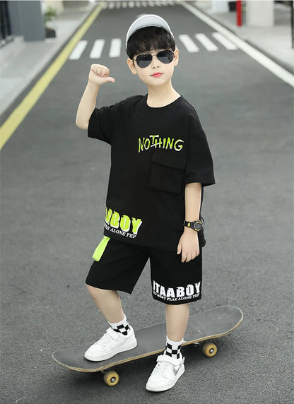 Kpop Boys Clothes Sets 2026 Summer Teen Kids Fashion Letter Print Short Sleeve T-shirt+Shorts 2Pcs Children Tracksuit Outfits