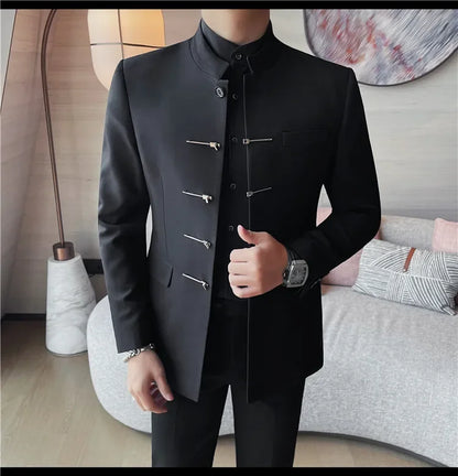 Chinese Style Stand Up Collar Suit Jacket for Men High Quality Mens Slim Fit Casual Social Wedding Dress Coat Men's Clothing