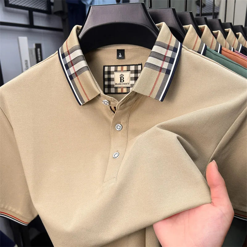 Luxury brand short sleeve polo shirt men fashionable simple solid color summer mercerized cotton breathable casual lapel T shirt