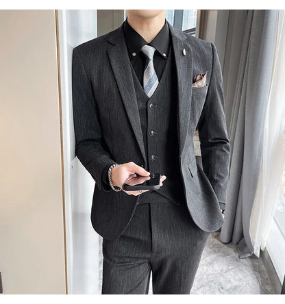 ( Blazer + Vest + Pants ) High-end Formal Casual Business Striped Fashion Men's 3 Piece Suit Groom Wedding Dress Suit