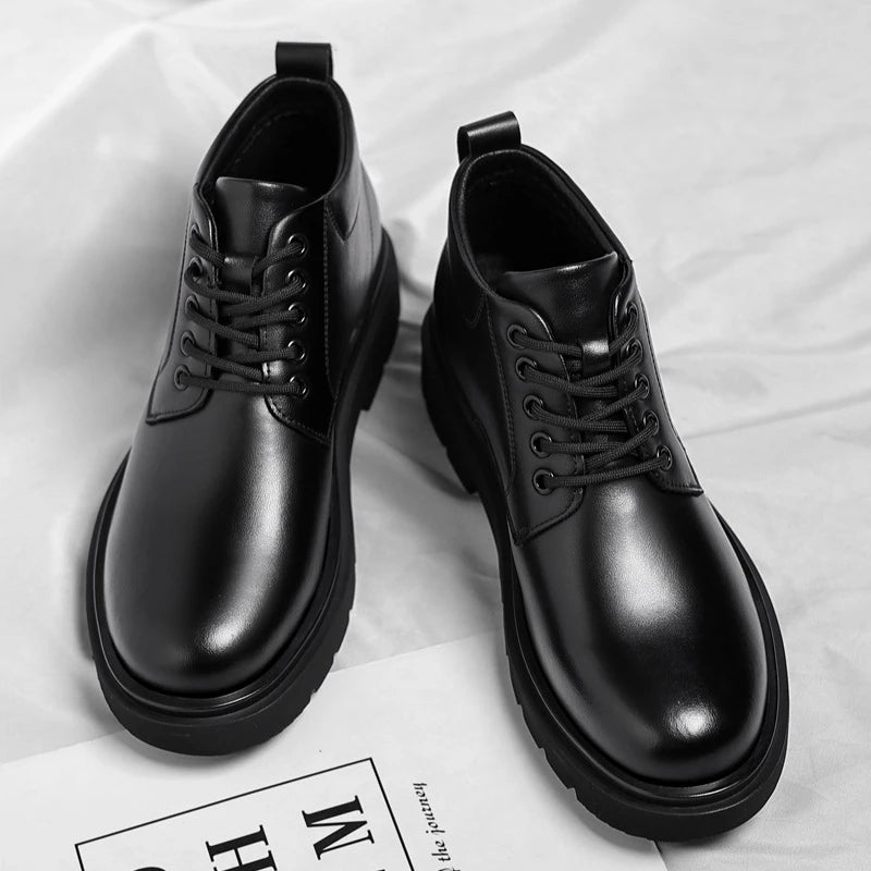 Mens Black Leather Lace Up Mid Top Boots Winter Warm Formal Business Office Wedding Shoes Black Work Boots Fashionable Dad Shoes
