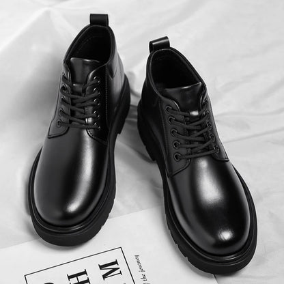 Mens Black Leather Lace Up Mid Top Boots Winter Warm Formal Business Office Wedding Shoes Black Work Boots Fashionable Dad Shoes