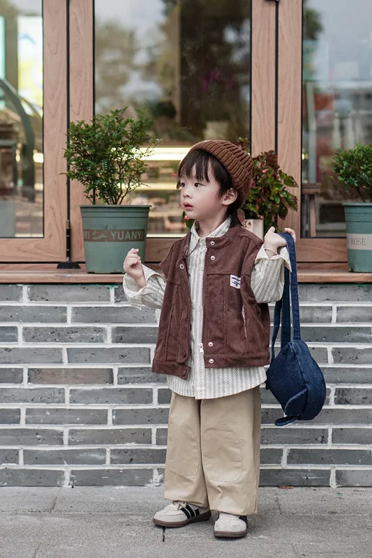Children's Spring Autumn Set 2026 New Boy Kid Korean Children's Corduroy Vest+Cotton Shirt+Pants Casual Baby 3-Piece Set Outfits