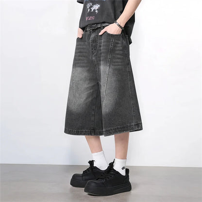 Vintage Washed Gradient Denim Mid-Rise Shorts with Streetwear Loose Wide Leg Fit for Summer Breathability