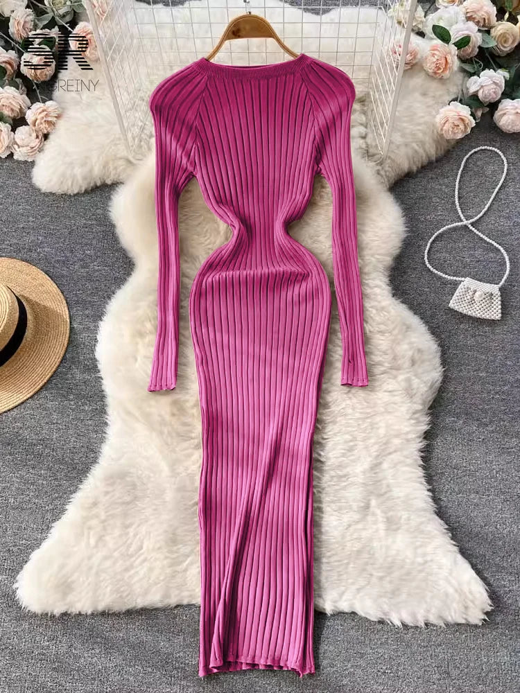 Winter Women Knit Maxi Dress O Neck Autumn Long Sleeve Slim Solid Harajuku Ladies Fashion Pencil Sweater Long Dresses