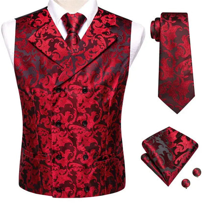 Dark Red Men's Vests Silk Paisley Jacquard Waistcoat Jacket NeckTie Hanky Cufflinks for Men Business Party Designer Gifts