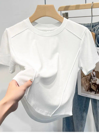 2026 Summer White T-shirt Cotton Female Short-sleeved Student Versatile Slim T-shirt Harajuku Crop Top Trend