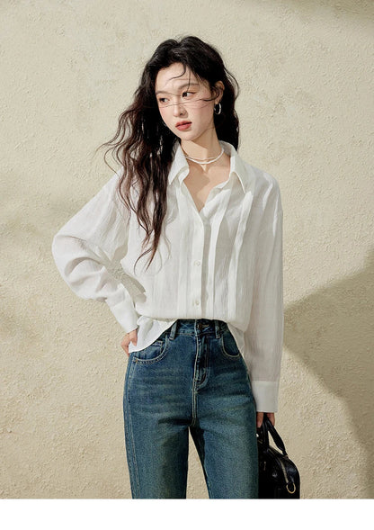 Solid Loose Fit Shirt for Women Spring 2025 Dropped Shoulder Long Sleeved  Top Casual Turn-down Collar Shirts MXE13C0405