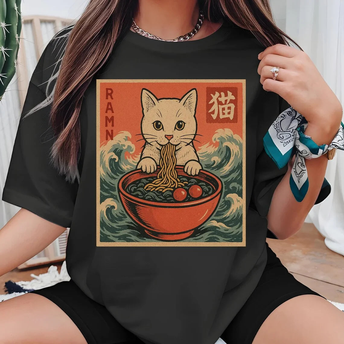Japanese Cat Printed T-shirts Women Manga Graphic O-Neck Tops Harajuku Tee Female Clothing Fashion Top