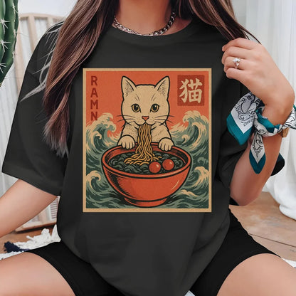 Japanese Cat Printed T-shirts Women Manga Graphic O-Neck Tops Harajuku Tee Female Clothing Fashion Top