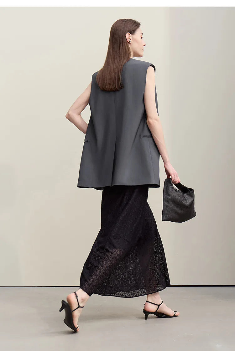 Women's Vest 2026 Autumn New Commuter V-Neck Padded Shoulders Vest Casual Sleeveless Women's Loose Mid-Length Top 12651034