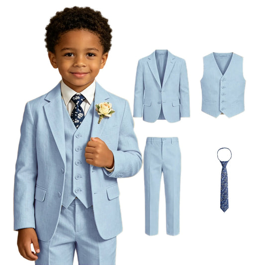 Ship Today Wedding Ring Bearer Page Boy Tuxedo Communion Suit Boy's Formal Linen Suit 4-Piece Jacket Vest Pants Tie Bowtie