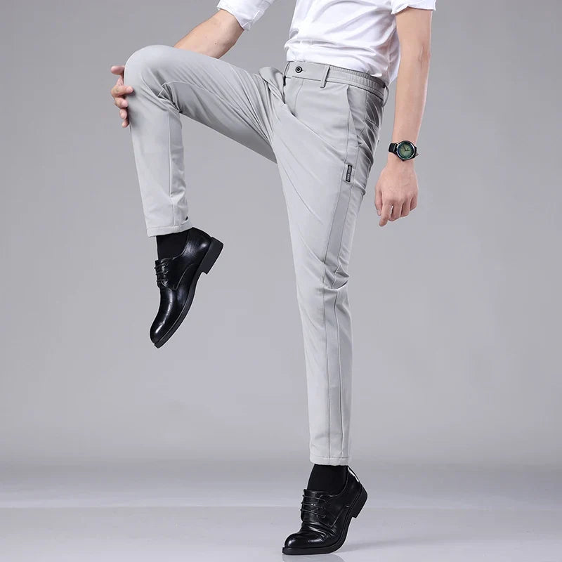 Ultra-thin Elastic Men's Casual Trousers Summer Quick-drying Ice Silk Slim Straight Business Solid Color Trousers Black Gray