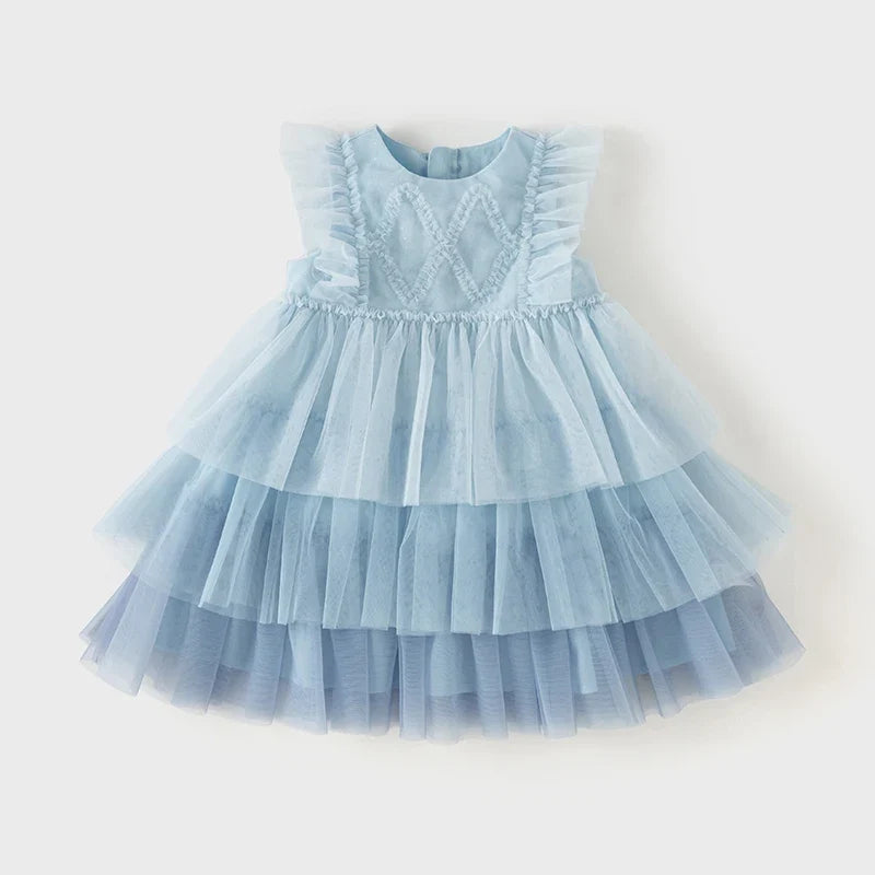 Girl's Princess Dress 2025 New Summer Children's Baby Sleeveless Blue Mesh Layered Dress Cute Sweet Party DB2240502