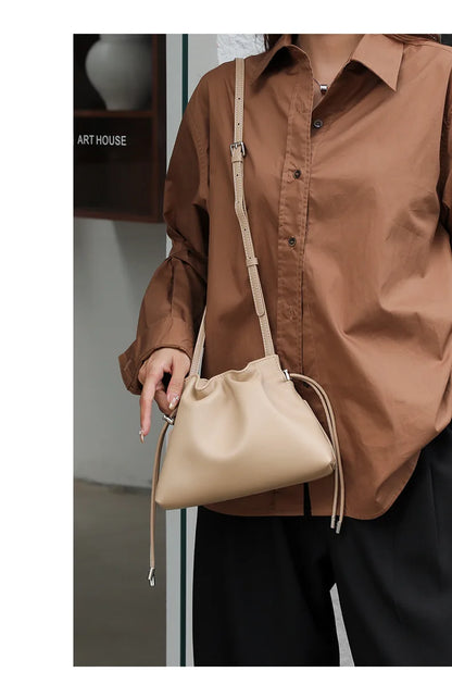 Luxury Pleated Cloud Crossbody Bag - Premium Genuine Leather Drawstring Shoulder Purse, Versatile Small Bag for Elegant Lady