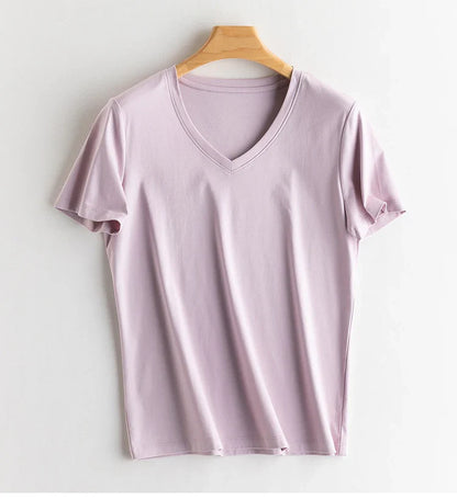 6% Real Silk Cotton Modal Women's T-shirt 2026 Summer Tees Short Sleeve Solid Tee Shirts V-neck Casual Woman Basic T shirt Tops