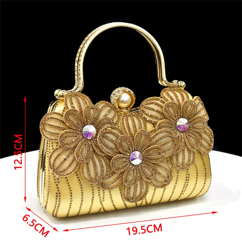 2026 Elegant Gold Color Women's Heels Handbag Set Rhinestone Embellished Designer Shoes for Weddings Special Events