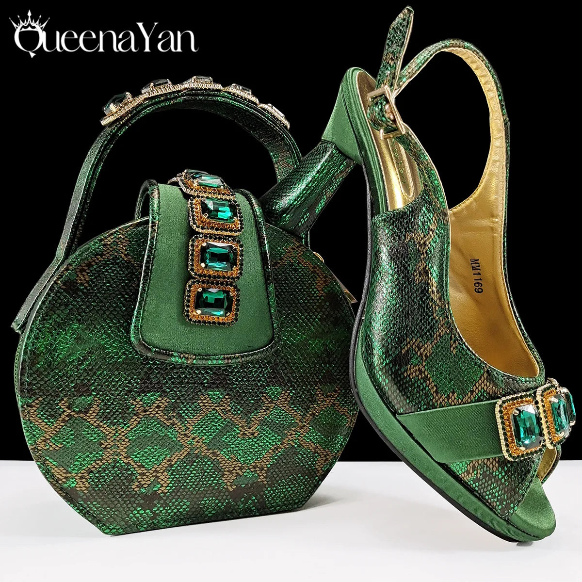 New Luxurious Italian Women's Party Shoes&Bag Set Elegant Golden Rhinestone  Sandals with Peep Toe High Heels Wedding