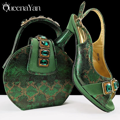 New Luxurious Italian Women's Party Shoes&Bag Set Elegant Golden Rhinestone  Sandals with Peep Toe High Heels Wedding