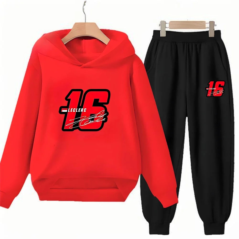Children Hoodie Racing Sports driver number 16 Boys Girls Print Pullover 3-12Yrs Coat +Pants Toddler Clothes Leisure Black Set