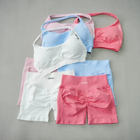 Women's Fashion 2 Piece Sports Set Lace Up Sports Bra Seamless Shorts Leggings Yoga Gym Fitness Running Tracksuit