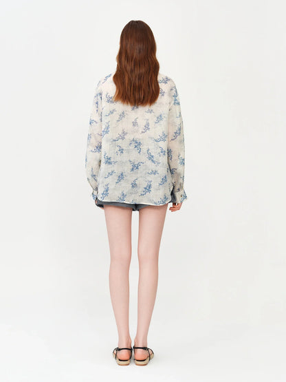 2026 Summer Women's Long Sleeve Floral Print V-Neck Shirt - Relaxed Fit Casual Blouse for Daily and Summer Layering