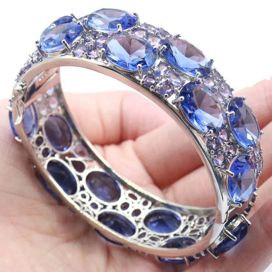 Bracelet jonc en argent 24x20mm, 51,2g, taille imposante, kunzite rose, aigue-marine bleue, tanzanite violette, et iolite, 19 cm