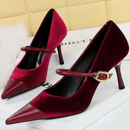 Korean Version Party 10cm 7cm High Heels Women Shoes Thin Heels Velvet Shallow Montage Pointed Toe Metal One-line Buckle Pumps