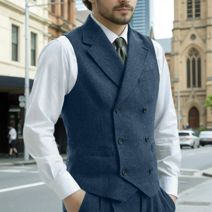 Men Vest Army Green Herringbone Double Button With Lapel Waistcoat For Wedding Business Office Work Daily Casual Men Suit Vest
