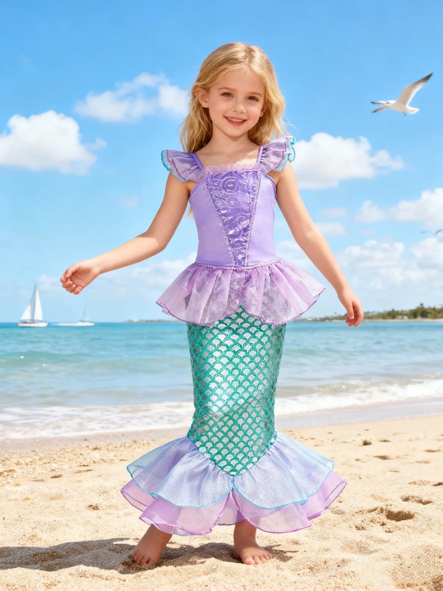Popular Movie Children Fish Princess Dress With Purple Sequins Decoration And Fish Scales Skirt Holiday Role-Playing Dress