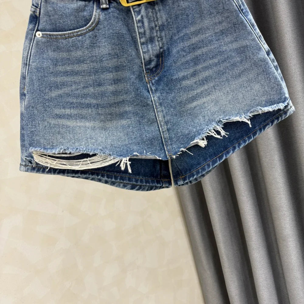 High Waist Ripped Women's Denim Skort 2025 Summer New Fashion A-line High Waisted Skinny Hot Shorts Versatile Pant Skirt