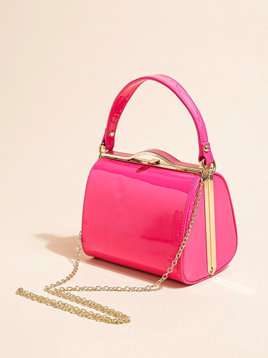 Highlight Cute Simple Patent Leather Pearlescent Leather Handheld Hard Shell Clip Dinner Bag