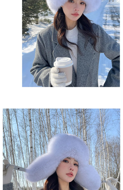 Winter Warm Real Fox Fur Hat Ear-Protecting Hats Women's Genuine Leather Windproof Fox Fur Bomber Hat Thickened Sheepskin Cap