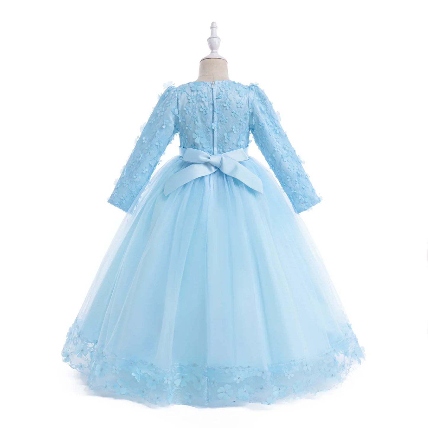 Long Sleeve Flower Bridesmaid Girls Dress Children Christmas Costume Lace Bow Princess Kids Dressees For Girl Party Wedding Gown