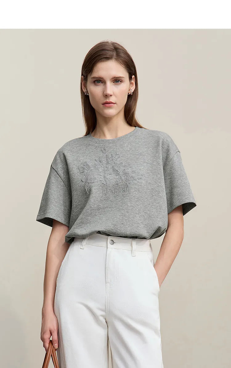 Women's T-Shirt 2026 Summer New Round Neck Drop Shoulder Cotton Tee Lace Embroidered Woman Loose Fit knit Tops 12622048