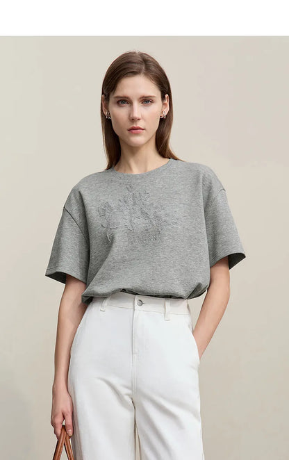 Women's T-Shirt 2026 Summer New Round Neck Drop Shoulder Cotton Tee Lace Embroidered Woman Loose Fit knit Tops 12622048