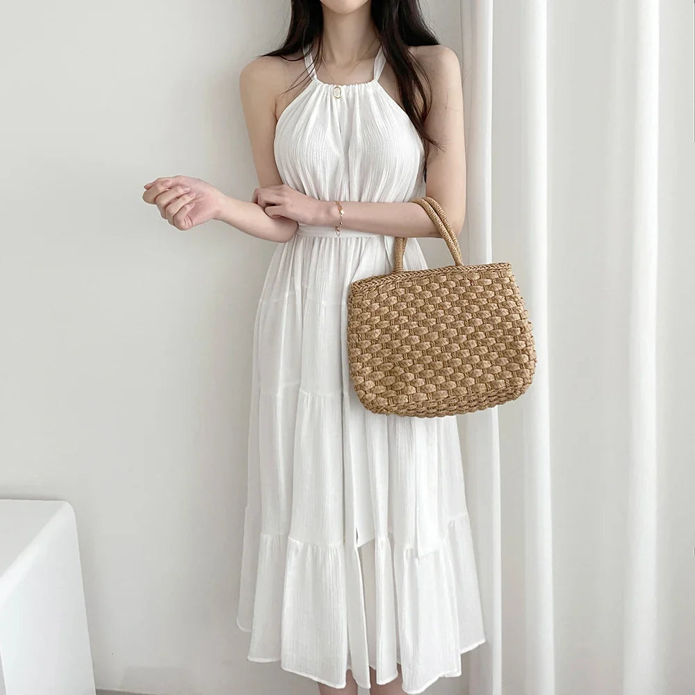 Korean Style Summer Slimming Necktie Waist Cinched Sleeveless Vest Long Dress Women's Fashionable Commute Style Inner Wear