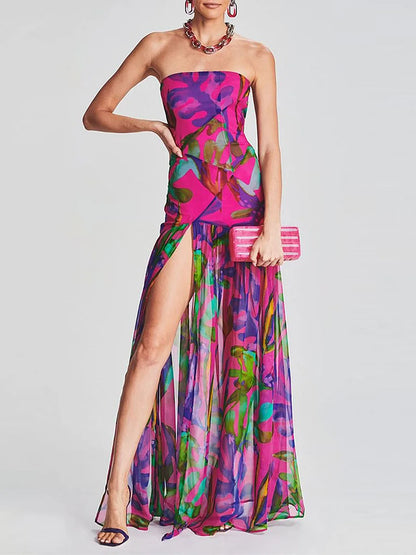Women Tube Top Dress Slim Strapless Backless Mesh Patchwork Tropical Print High Slit Long Dress for Party Club Night