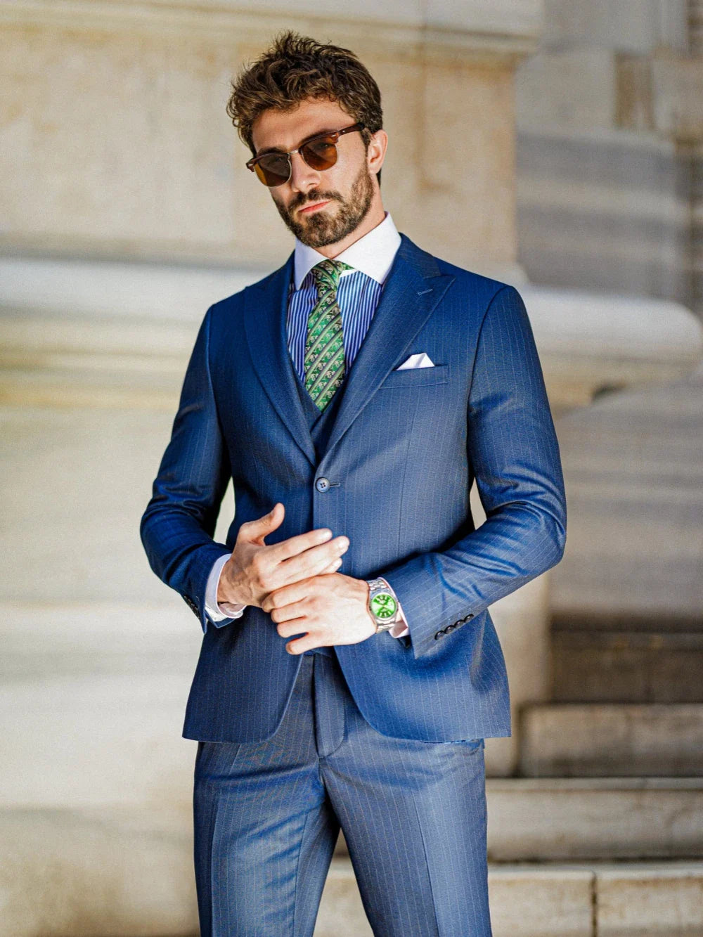 Blue Striped Tuxedo Blazer Vest Pants 3 Pieces For Formal Occasion Handsome Modern Peak Lapel Men's Business Suit Set Customized