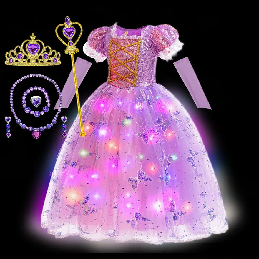 2026 Glowing Rapunzel Costume Girl LED Princess Ball Gown Christmas Light up Tangled Rapunzel Frock Toddler Girl Cosplay Dress