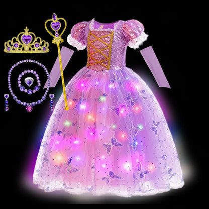 2026 Glowing Rapunzel Costume Girl LED Princess Ball Gown Christmas Light up Tangled Rapunzel Frock Toddler Girl Cosplay Dress