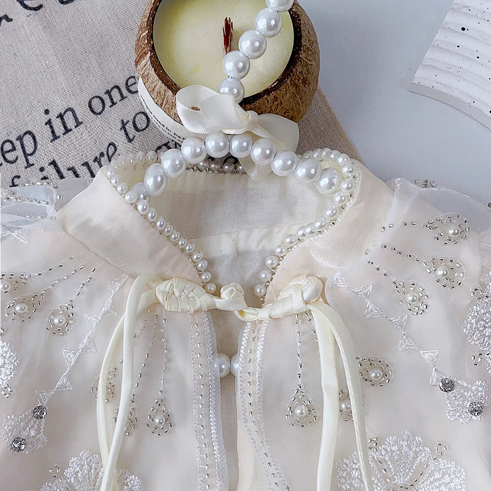Summer Dress New Girls' Chinese Qipao Mesh Pearl Applique Dress Children's Kids Sweet Fashion Short Sleeve Dress