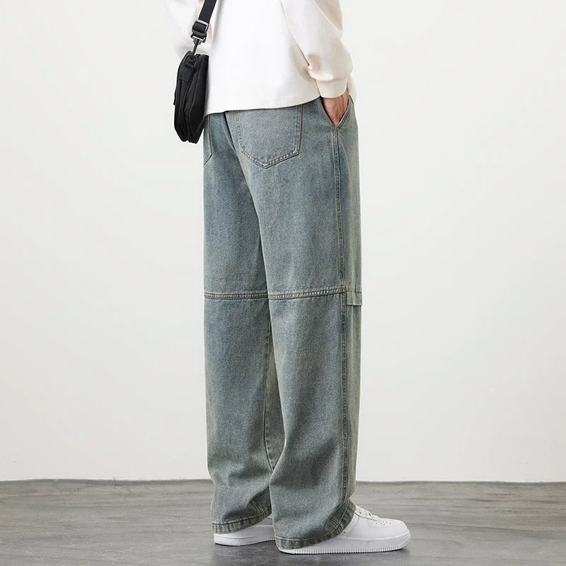 8XL New Retro Blue Men's Jeans Large Size String Banding Wide Leg Denim Pants Cotton Casual Straight Jean Trousers 6XL 7XL