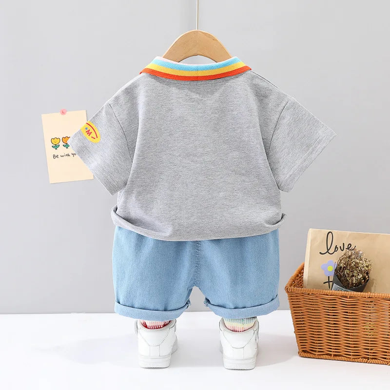 New Summer Suits for Baby Cartoon Print Kids Short Sleeve Letter Polo Shirts +denim Shorts Toddler Boy Casual Clothing Outfits
