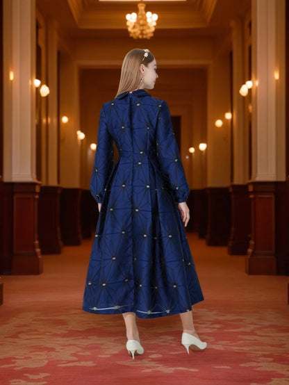 Fall/Winter Turned Collar Lined Sleeve A-Line Silhouette Geometric Heavyweight Jacquard Elegant and Graceful Long Dress