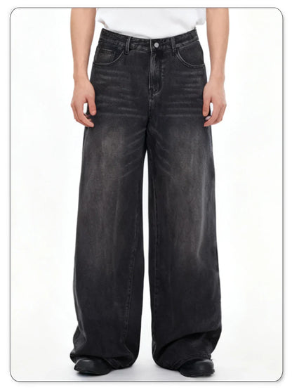 Four Season Men's Jeans Korean Version Student Casual Pant American Retro Gray Black Loose Wide Leg Jean Baggy Men's Denim Pants