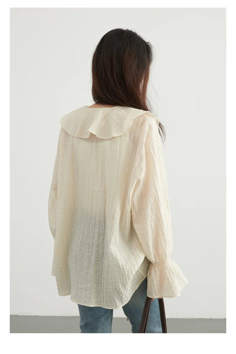 Women Shirt Loose Casual Ruffled Edges Female Blouses Solid V Neck Lace Up Mid Length Ladies Shirts Spring Summer 2026