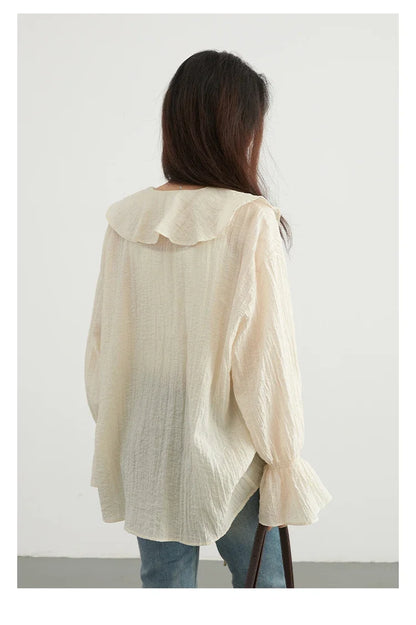 Women Shirt Loose Casual Ruffled Edges Female Blouses Solid V Neck Lace Up Mid Length Ladies Shirts Spring Summer 2026