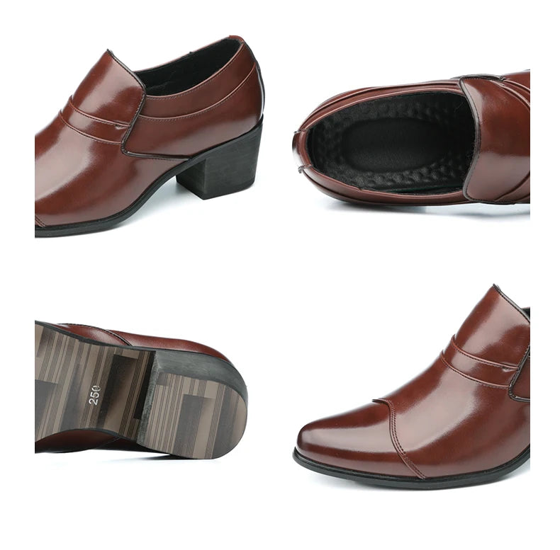 Premium Leather Men Shoes Slip On Loafers European Brand Business Casual Wedding Party Plaid Design Height Increasing