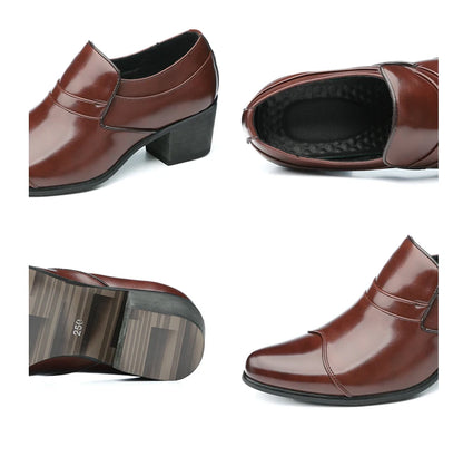 Premium Leather Men Shoes Slip On Loafers European Brand Business Casual Wedding Party Plaid Design Height Increasing